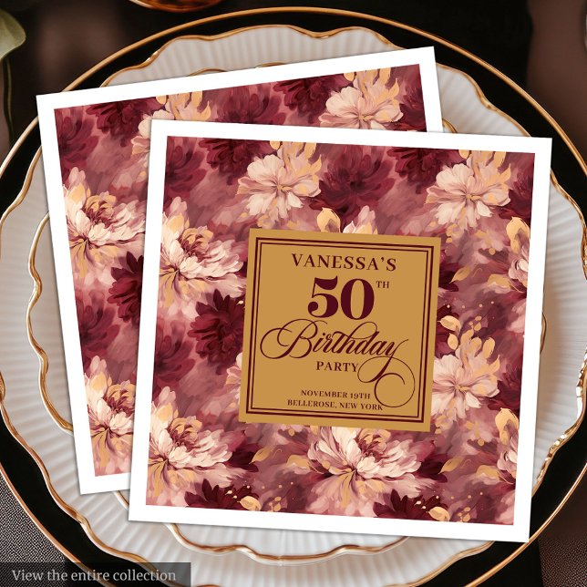 Servilleta De Papel De Cena Moda Boho Marsala Rubor Gold 50th Birthday Napkin (Chic Boho Marsala Blush Gold 50th Birthday Napkin)