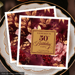 Servilleta De Papel De Cena Moderno Boho Maroon Rubor Gold 50th Birthday Napki