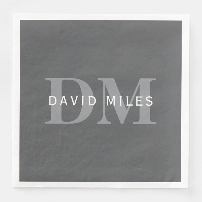 Servilleta De Papel De Cena Moderno Estilo Gris Oscuro Monograma y Nombre (Anverso)