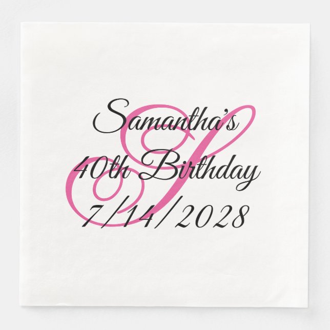 Servilleta De Papel De Cena Monograma Elegante Rosa Cumpleaños 40 (Anverso)