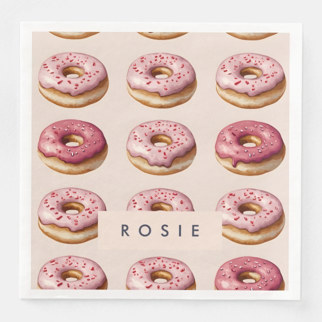 Servilleta De Papel De Cena Monograma Patrón de donut rosado personalizado (Anverso)