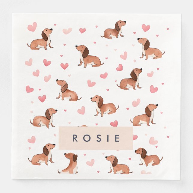 Servilleta De Papel De Cena Monograma Perro Cute Dachshund Personalizado (Anverso)