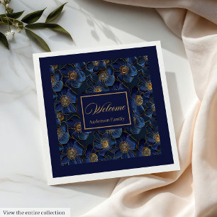 Servilleta De Papel De Cena Monograma Royal Blue Napkins Flores de oro Moderna