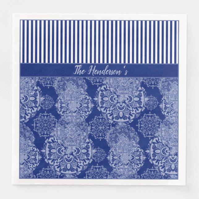 Servilleta De Papel De Cena Monogramado Boho Moody Blues Mandalas y Stripes (Anverso)