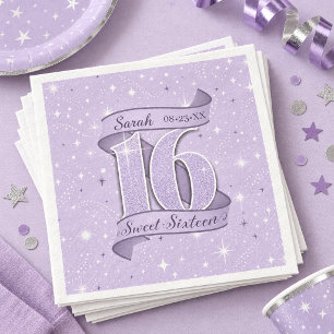 Servilleta De Papel De Cena Motivo de Sweet 16 y patrón de estrellas Violeta I