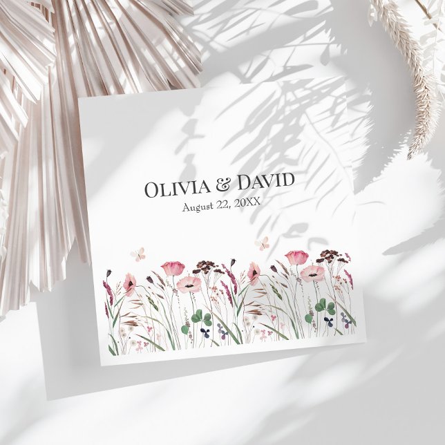 Servilleta De Papel De Cena Napkins Boda Pink Poppy Meadow (Pink Poppy Meadow Wedding Napkins on a sunny white table.)