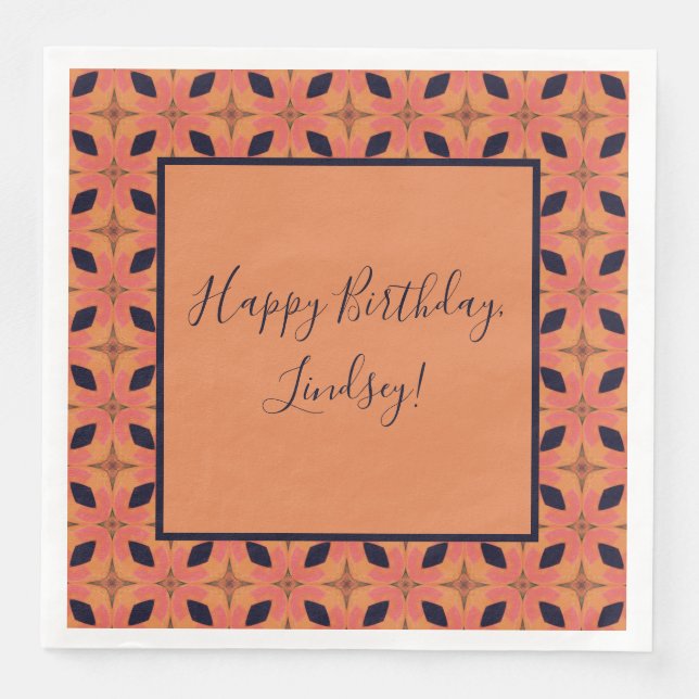 Servilleta De Papel De Cena Naranja Papaya y patrón trópico retro negro (Anverso)