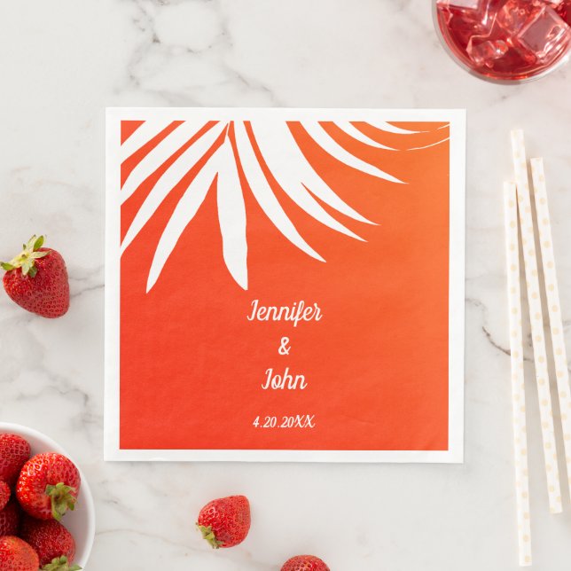 Servilleta De Papel De Cena Naranja Tropical Palm Leaf Sunset Beach Wedding (In situ)