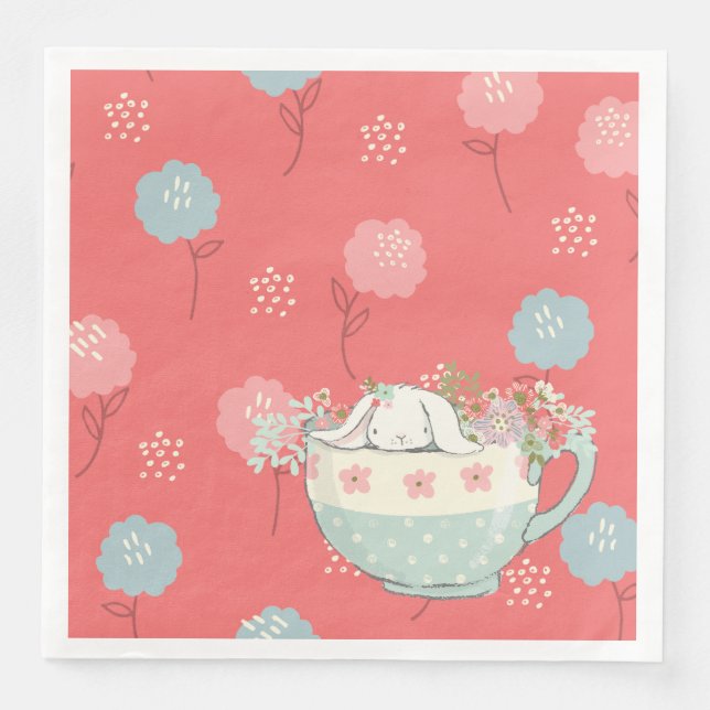 Servilleta De Papel De Cena Naranja y conejo azul en flores de té (Anverso)