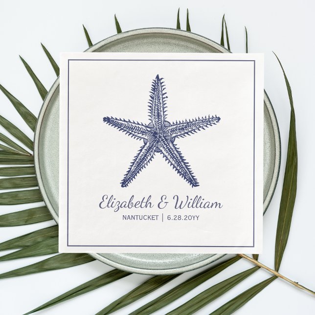 Servilleta De Papel De Cena Nautical Beach Wedding Rustic Navy Blue Starfish (Subido por el creador)