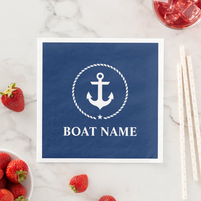 Servilleta De Papel De Cena Nautical Boat Name Anchor Rope Navy Blue (In situ)