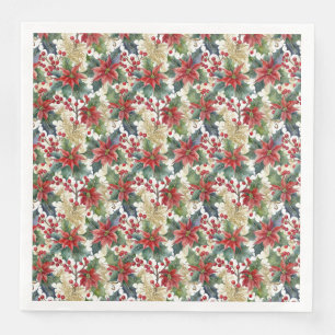 Servilleta De Papel De Cena Navidad con patrón de poinsettia y acebo en acuare