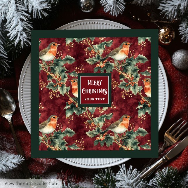 Servilleta De Papel De Cena Navidades acuarelas con servilletas rojas de aránd (Watercolor Christmas sparrow cranberry red napkins)