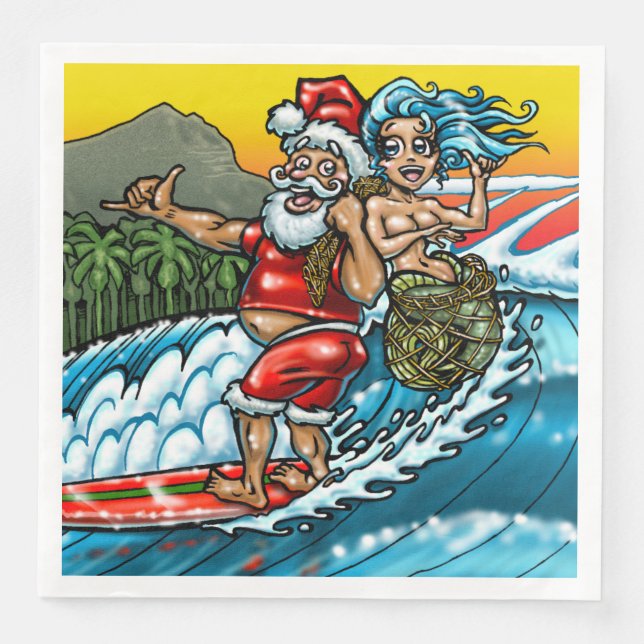 Servilleta De Papel De Cena Navidades Azules Ilustracion de Surf de Hawái (Anverso)