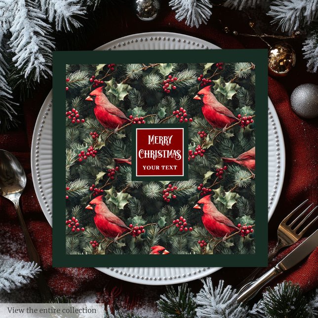 Servilleta De Papel De Cena Navidades de acuarela rojo cardenal verde profundo (Watercolor Christmas red cardinal deep green Paper Dinner Napkins)
