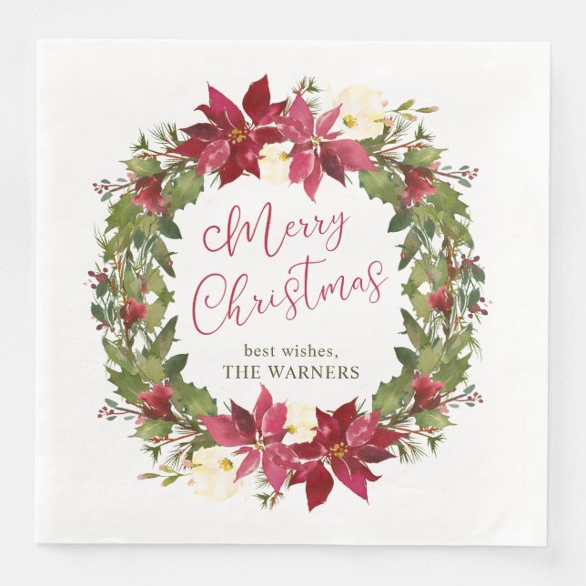 Servilleta De Papel De Cena Navidades de Poinsettia Wreath personalizados (Anverso)
