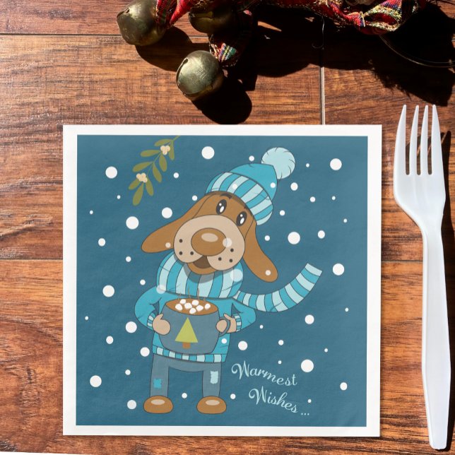 Servilleta De Papel De Cena Navidades Pup Cute Blue Paper Napkins (Holiday blue napkins with an adorable dog drinking hot cocoa . )