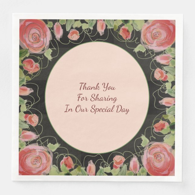 Servilleta De Papel De Cena Negro Con Flora Rosa (Anverso)