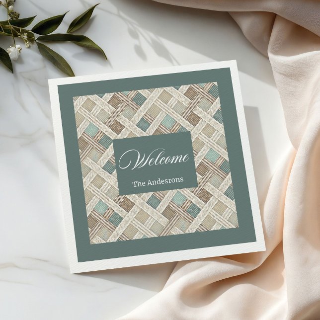 Servilleta De Papel De Cena Neutral Geometric Green Napkins Custom Name Chic (Neutral Geometric Green Napkins Custom Name Chic)