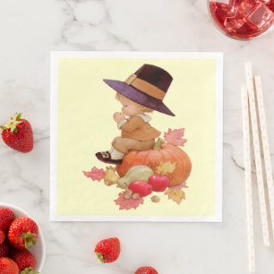 Servilleta De Papel De Cena Niño de peregrino vintage rezando en calabaza