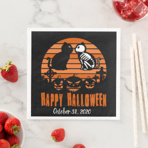 Servilleta De Papel De Cena Niños Felices Halloween Skeleton Cat Retro Sunset