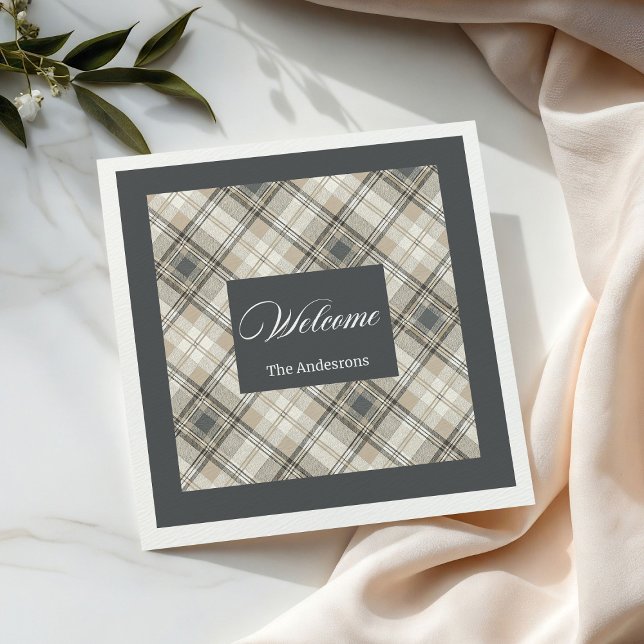 Servilleta De Papel De Cena Nombre personalizado de las toallas geométricas cl (Brown Grey Classic Geometric Napkins Custom Name )