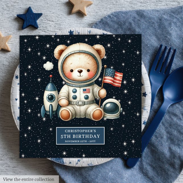 Servilleta De Papel De Cena Nombre personalizado Teddy Astronauta Napkins Baby (Custom Name Teddy Astronaut Napkins for Baby Shower)