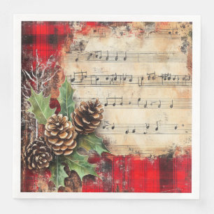 Servilleta De Papel De Cena Notas Musicales de Navidad Vintage Conos de Pino F