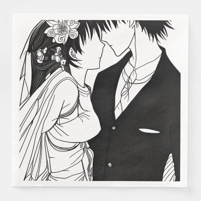 Servilleta De Papel De Cena Novia y novio de anime en blanco y negro en boda (Anverso)