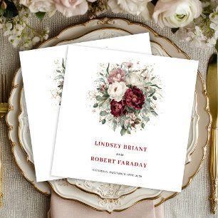 Servilleta De Papel De Cena Opulento Floral Granate Eucalipto Boda Dorada