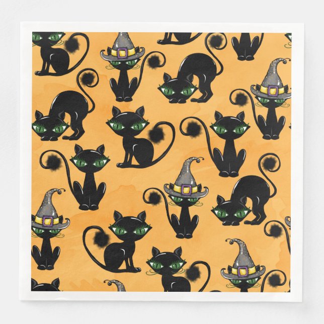 SERVILLETA DE PAPEL DE CENA ORANGE WITH CUTE HALLOWEEN CATS WITH GREEN EYES (Anverso)