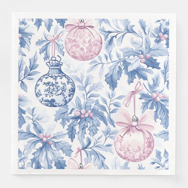Servilleta De Papel De Cena Ornamentos navideños suave toile rosa azul (Anverso)