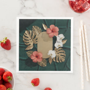 Servilleta De Papel De Cena Oro Botánico Tropical Monstera Hibisco Elegante