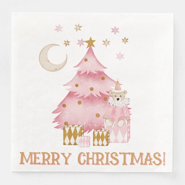 Servilleta De Papel De Cena Oso de algodón de dulce de invierno rosa (Anverso)