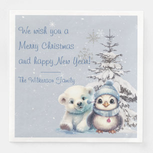 Servilleta De Papel De Cena Oso Polar Adorable y Pingüino Navidad Polo Norte