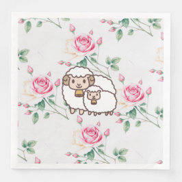 Servilleta De Papel De Cena Oveja Blanca con Corderito y Flores de Rosa