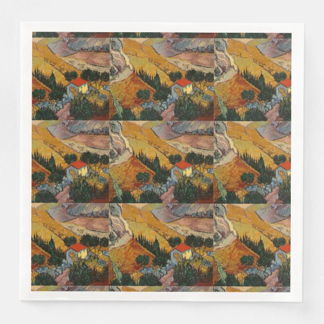 Servilleta De Papel De Cena Paisaje Van Gogh con Casa y Flores (Anverso)