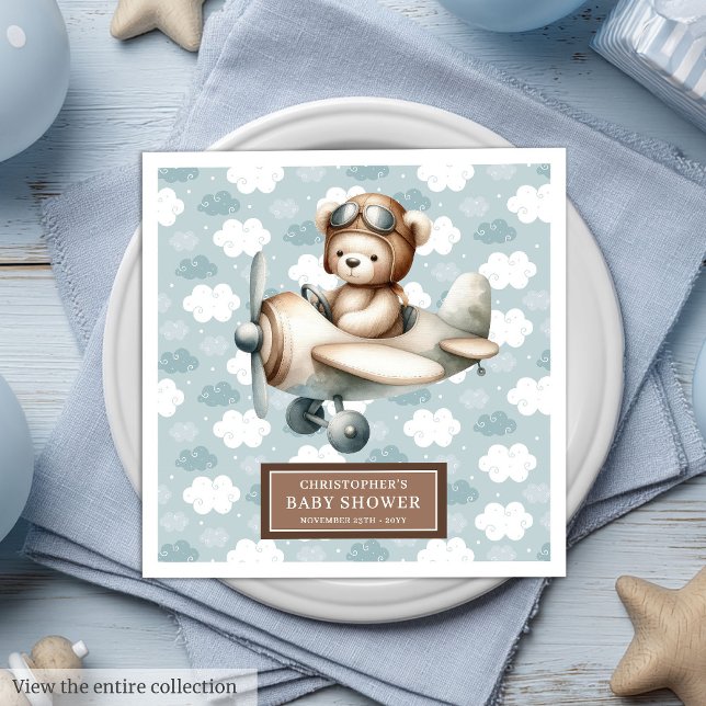 Servilleta De Papel De Cena Pantalones piloto de Osos de peluche marrón Niños  (Brown Teddy Bear Pilot Napkins Personalized Boys)