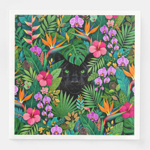 Servilleta De Papel De Cena Pantera Negra Flores de la Jungla y Follaje Tropic