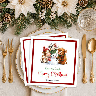 Servilleta De Papel De Cena Pañuelo de Navidad con vaca divertida en acuarela