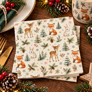Servilleta De Papel De Cena Papel acuarela de ciervo zorro conejo Navidad bosc