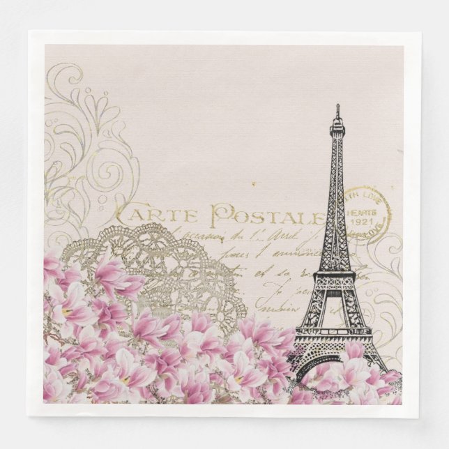 Servilleta De Papel De Cena París Francia: Diseño de viajes con rosas rosadas  (Anverso)