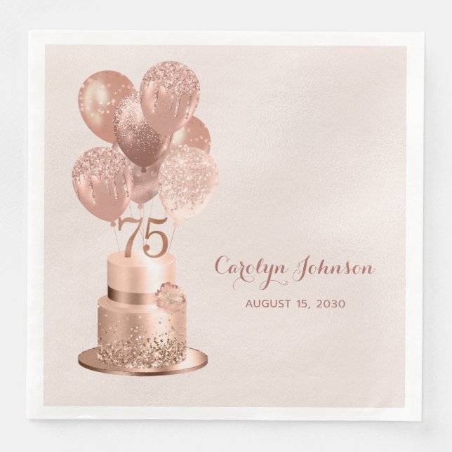 Servilleta De Papel De Cena Pastel de Oro Rosa 75º cumpleaños (Anverso)