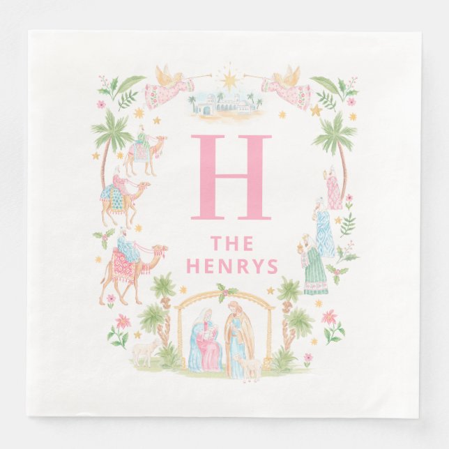 Servilleta De Papel De Cena Pastel Nativity Monogram (Anverso)