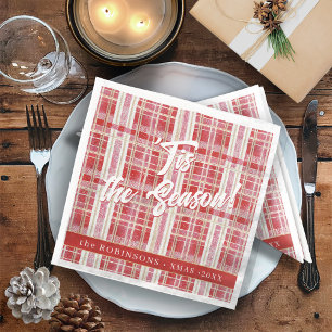 Servilleta De Papel De Cena Patrón de cuadros escoceses de Navidad de oro rojo