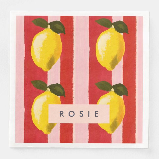Servilleta De Papel De Cena Patrón de franja limón personalizado Lemones amari (Anverso)