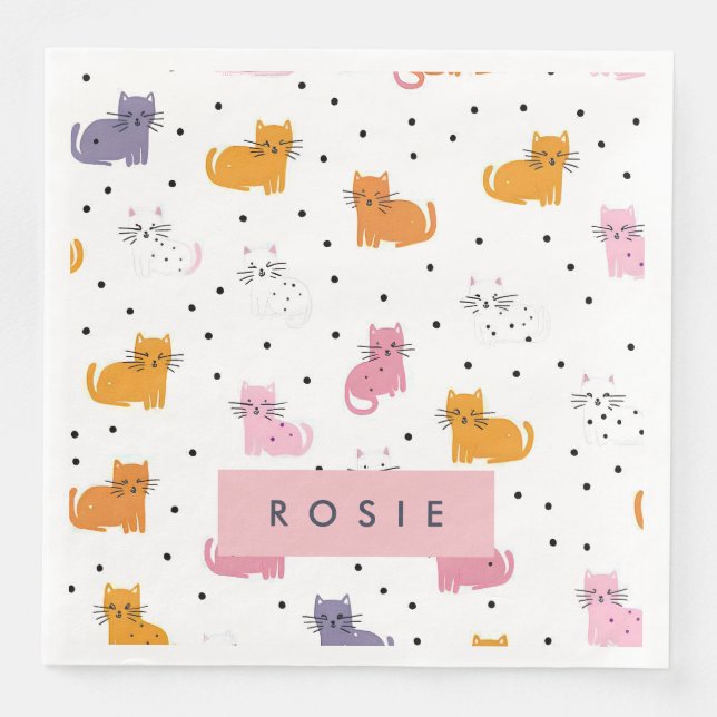 Servilleta De Papel De Cena Patrón de gato juguetón personalizado con puntos d (Anverso)