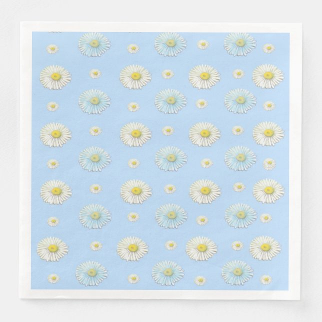 Servilleta De Papel De Cena Patrón de margarita blanca sobre fondo azul claro (Anverso)