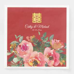 Servilleta De Papel De Cena Peonía floral doble felicidad boda china roja