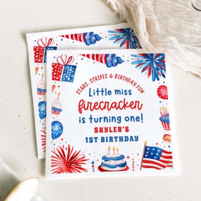 Servilleta De Papel De Cena Pequeña Miss Firecracker el 4 de julio (Little Miss Firecracker 4th of July 1st Birthday Paper Dinner Napkins)